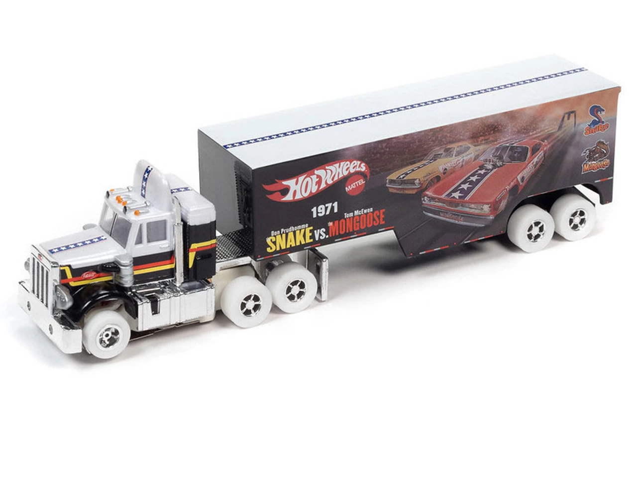 Auto World iWHEELS Racing Rig Peterbilt Model 359 w/Race Trailer (Snake vs. Mongoose) X-Traction Flamethrowers R12 HO Slot Car