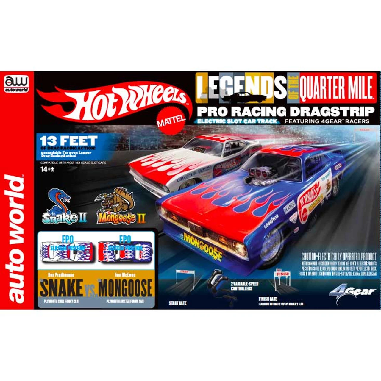 Auto World Hot Wheels Snake II Vs Mongoose II 13' Dragstrip HO Slot Car Set w/Manual Finish Gate - Image 3