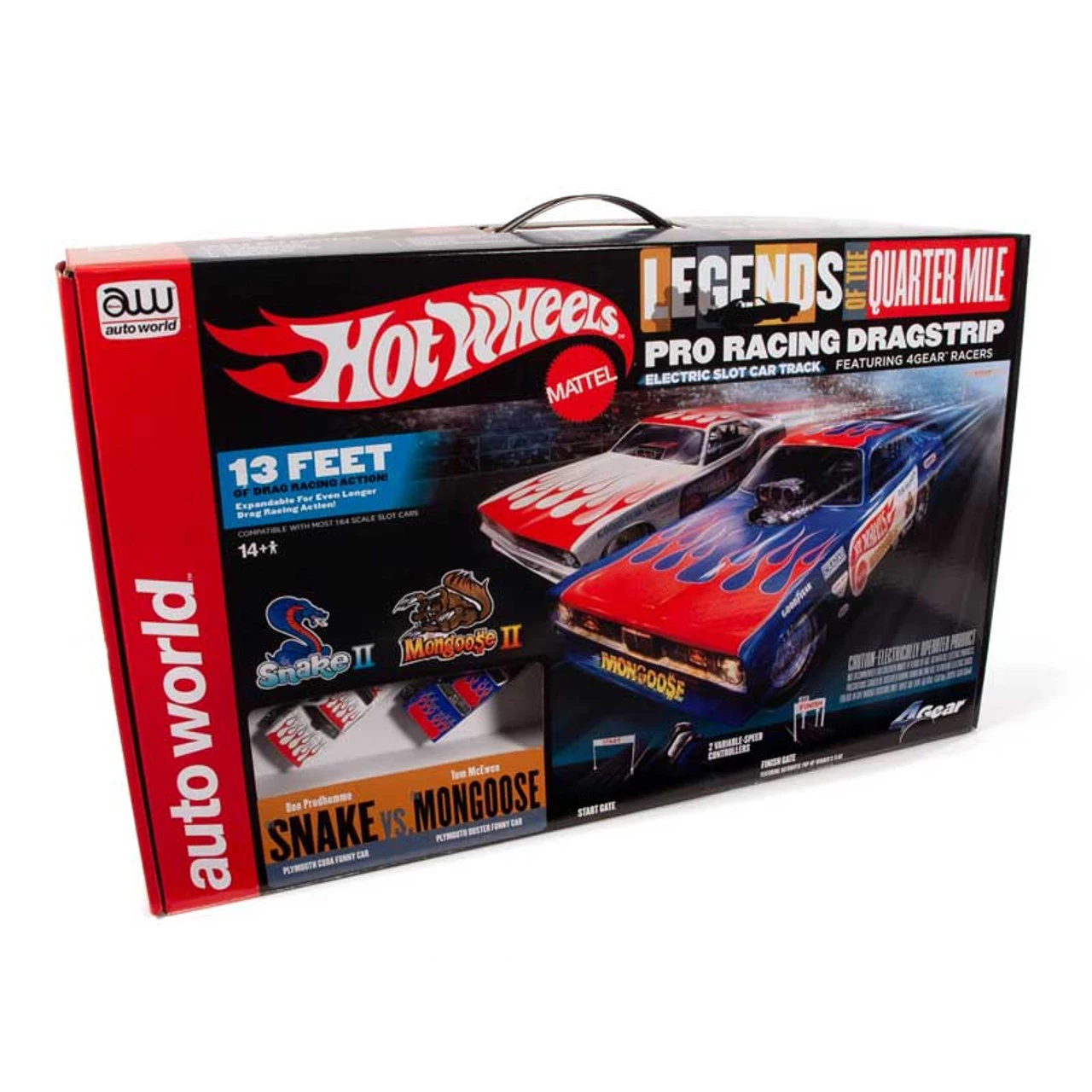 Auto World Hot Wheels Snake II Vs Mongoose II 13' Dragstrip HO Slot Car Set w/Manual Finish Gate